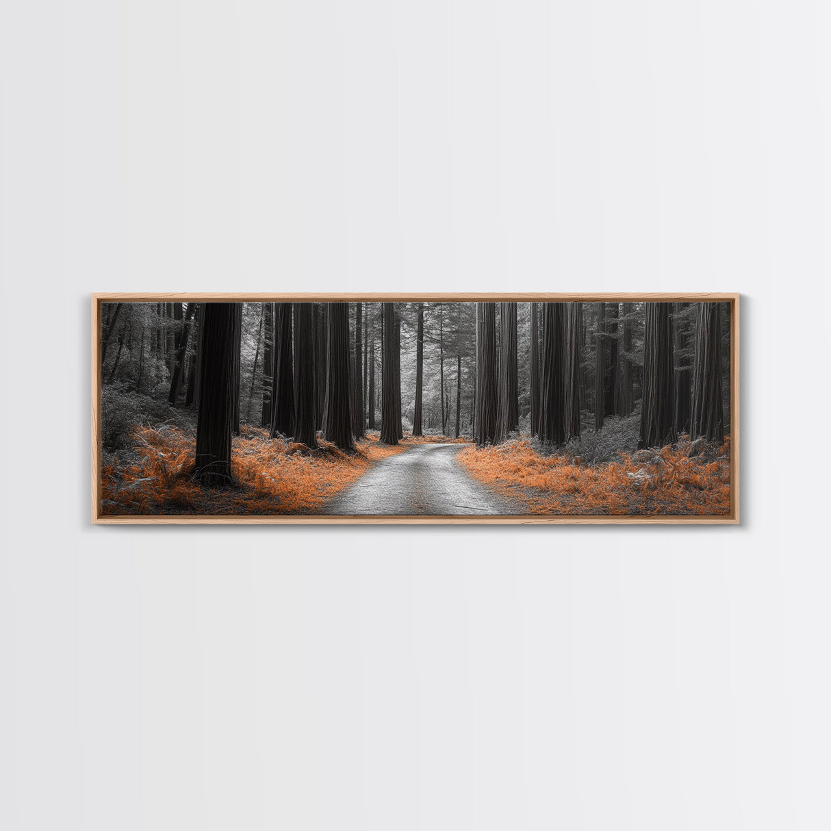 Redwood Forest Path, Serene Nature Trail, Autumn Ground Cover, Framed Canvas Print, Fall Wall Art, Rustic Home Decor, Woodland Scene