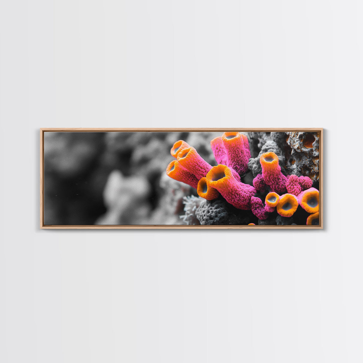 Neon Coral Closeup, Vibrant Underwater Detail, Oceanic Texture Wall Art, Framed Canvas Print, Bathroom Decor, Coastal Modern Style