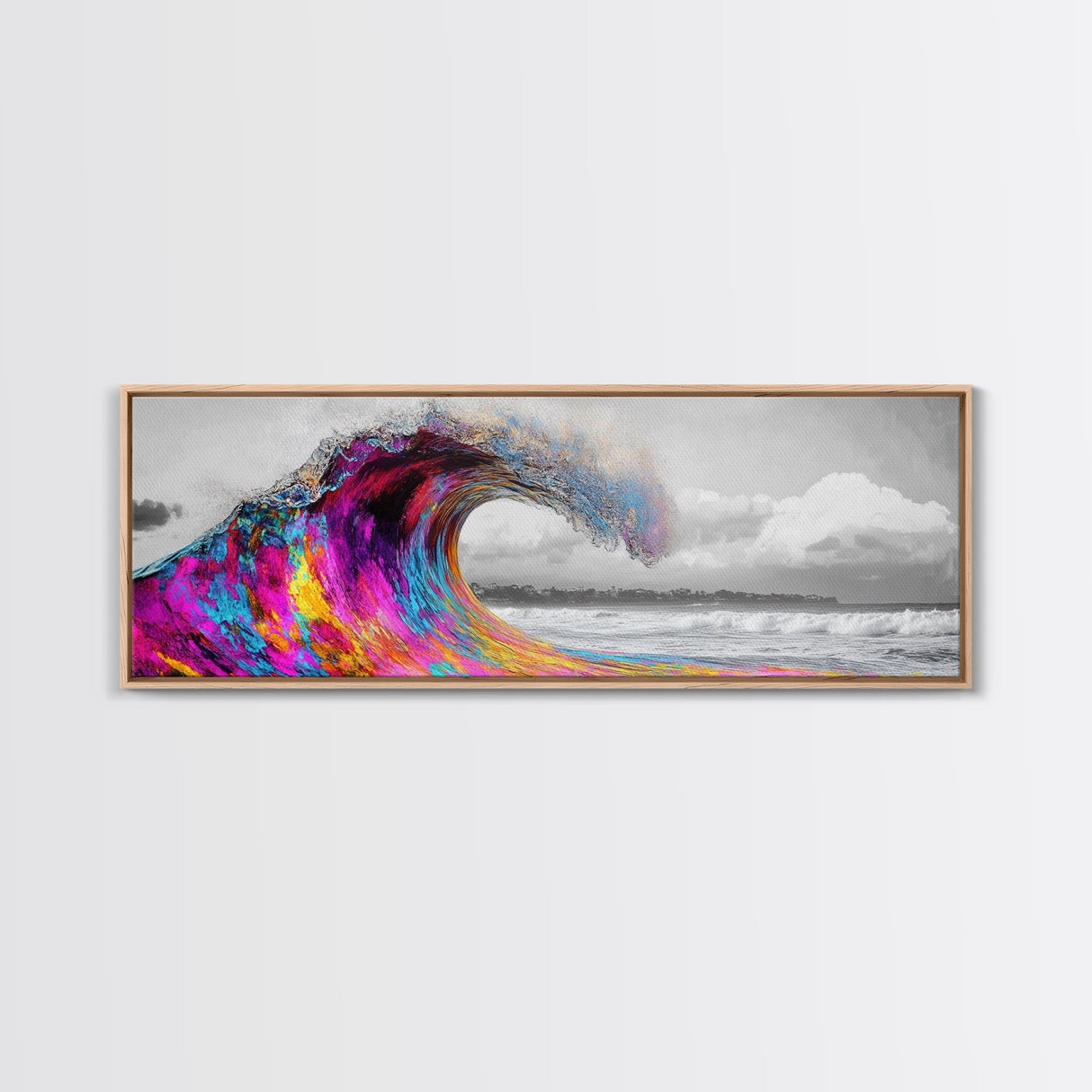 Rainbow Wave Curl, Surf Art Explosion, Vibrant Ocean Energy, Framed Canvas Print, Beach House Decor, Colorful Coastal Wall Art
