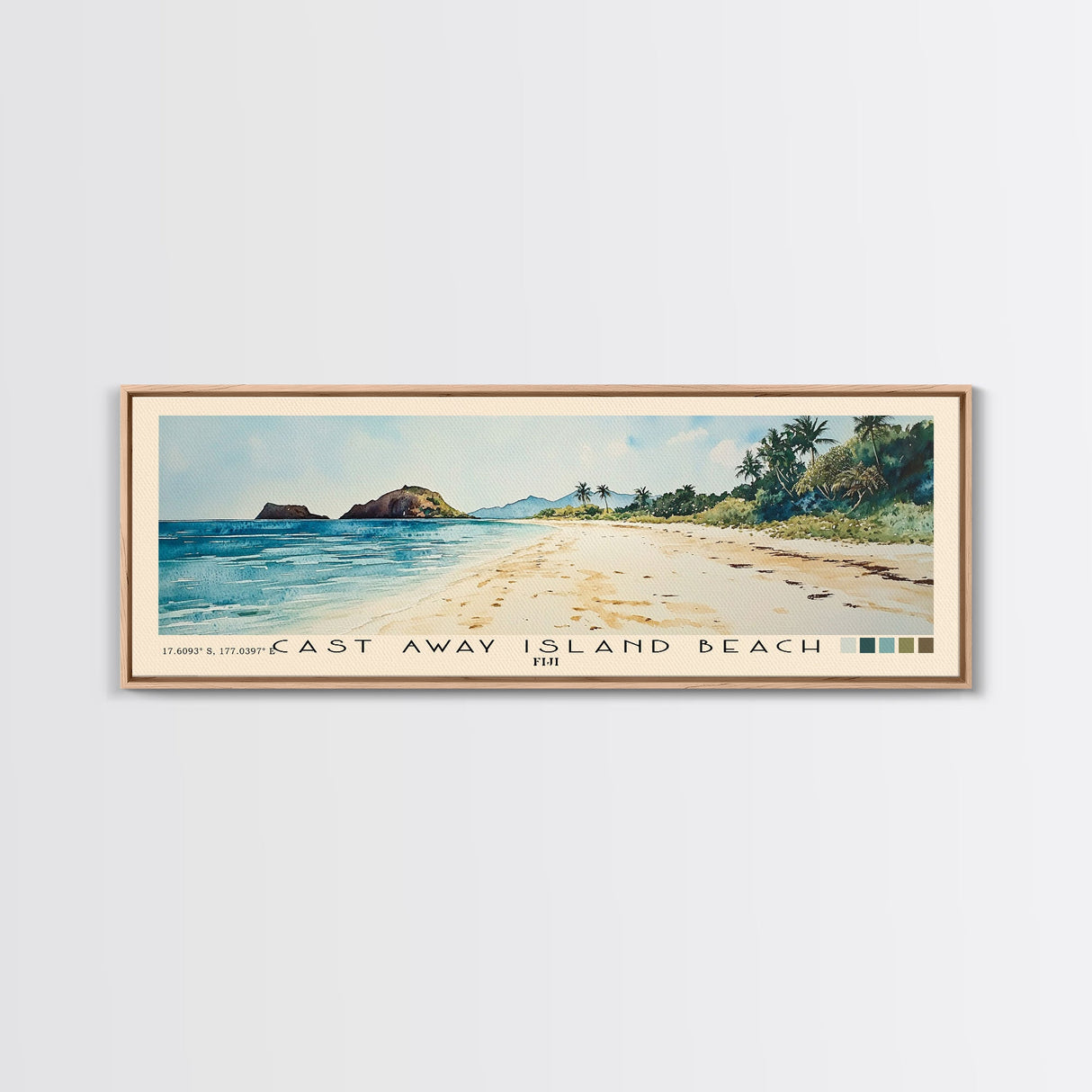 Cast Away Island Beach, Fiji Watercolor Print, Vacation Gift, Fiji Wall Art, Beach Painting, Beach Decor, Large Wall Art, Wood Frame Art