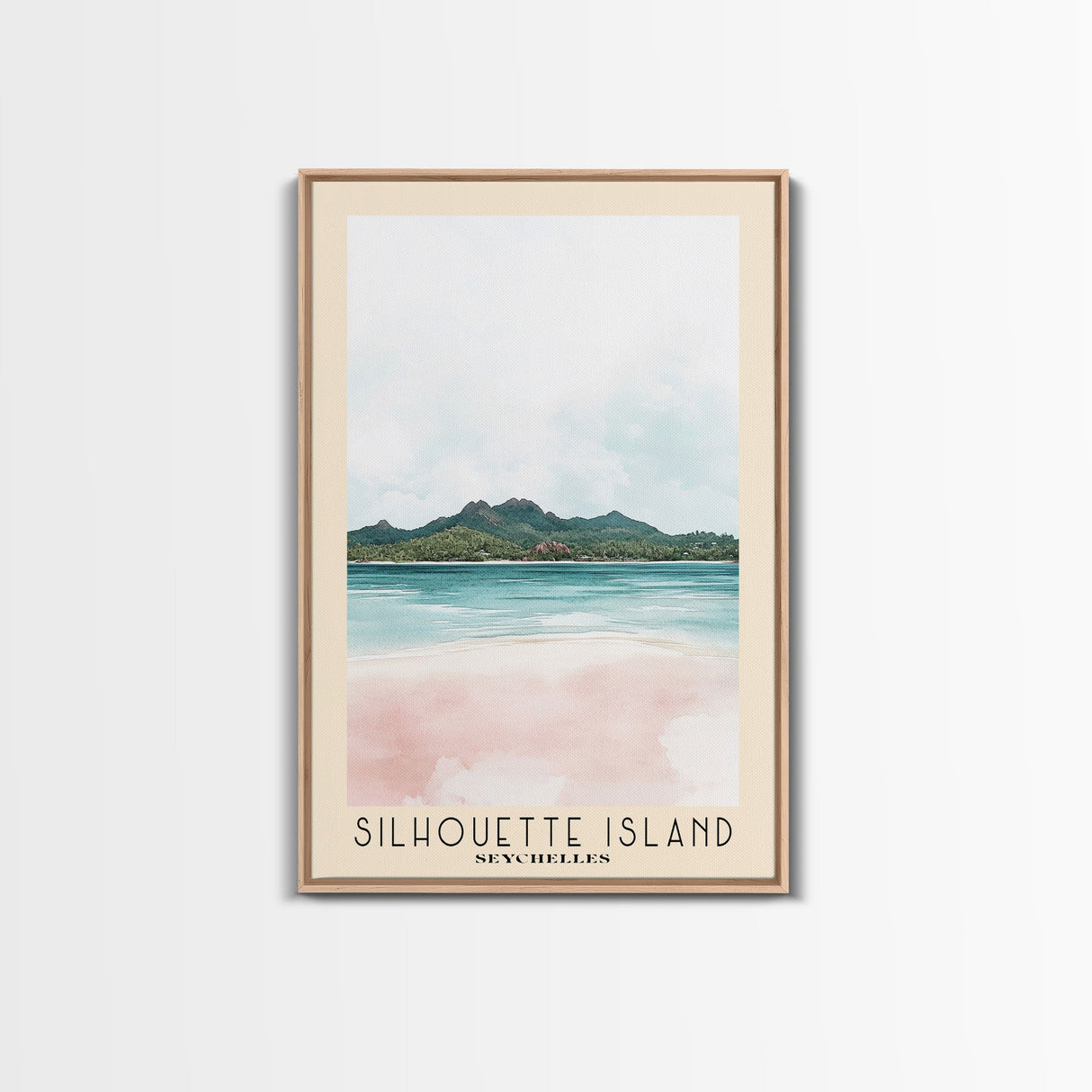 Silhouette Island, Seychelles Watercolor Print, Vacation Gift, Seychelles Wall Art, Beach Painting, Beach Decor, Large Wall Art, Wood Frame Art