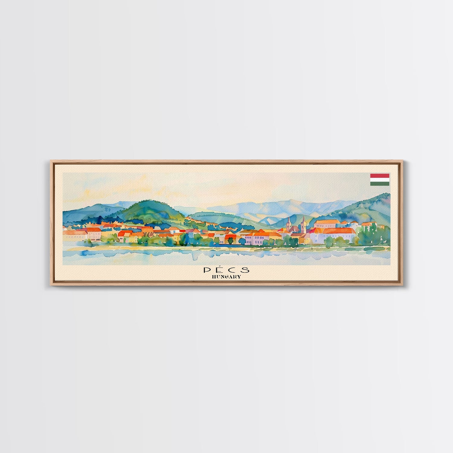 Pécs Hungary Panoramic Travel Poster, Framed Canvas Print or Metal Wall Art, Travel Art, Home Decor, Panoramic Painting, Midcentury Art