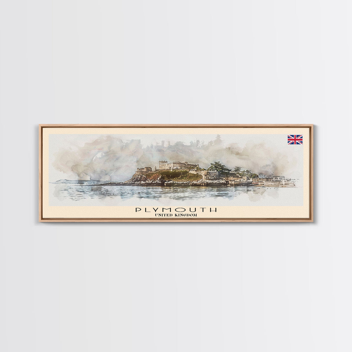 Plymouth United Kingdom Panoramic Travel Poster, Framed Canvas Print or Metal Wall Art, Travel Art, Home Decor, Panoramic Painting, Midcentury Art