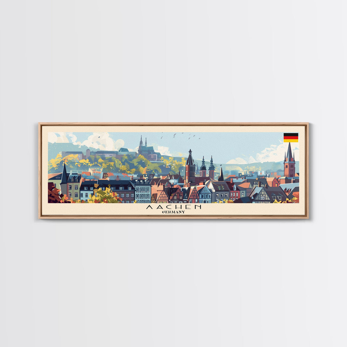 Aachen Germany Panoramic Travel Poster, Framed Canvas Print or Metal Wall Art, Travel Art, Home Decor, Panoramic Painting, Midcentury Art