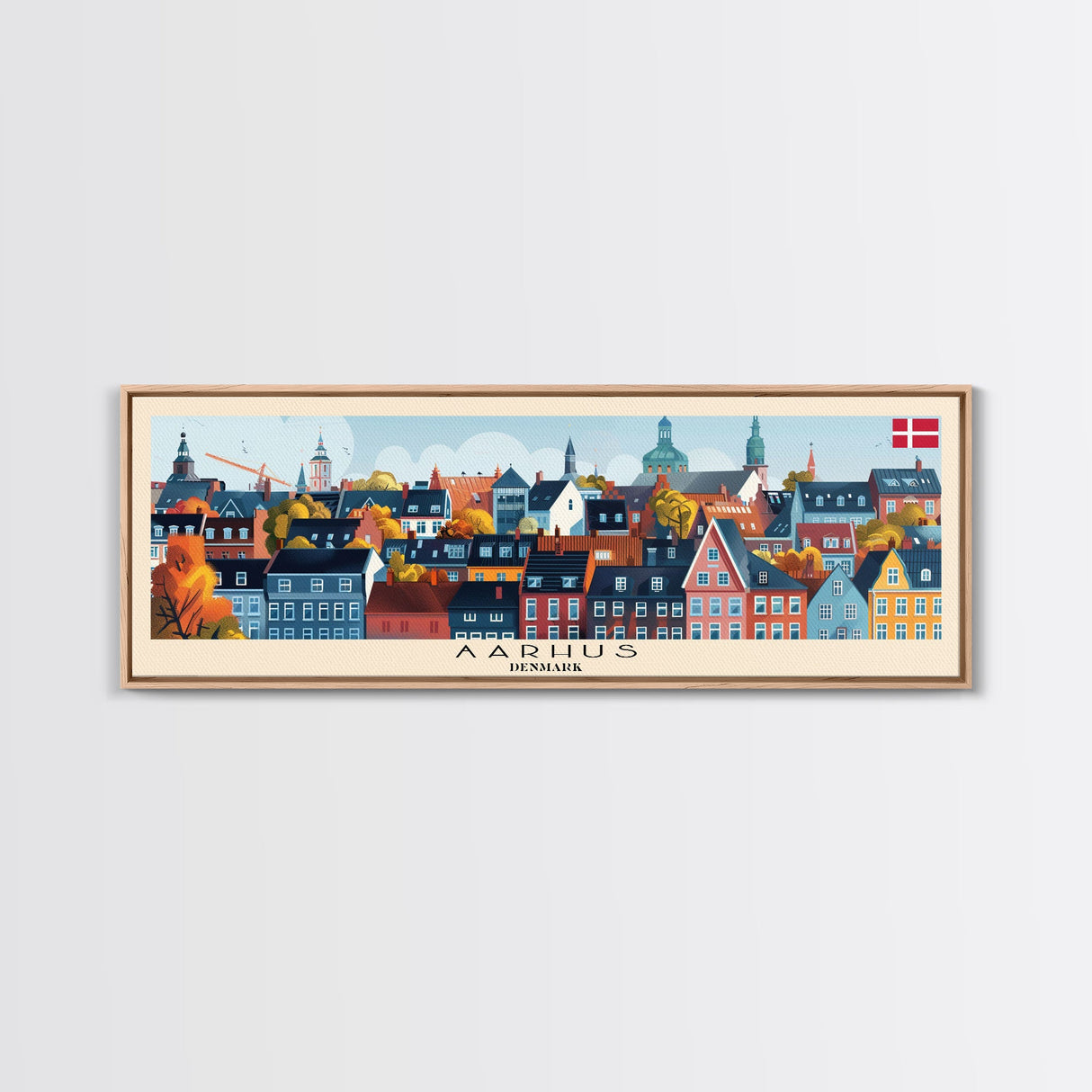 Aarhus Denmark Panoramic Travel Poster, Framed Canvas Print or Metal Wall Art, Travel Art, Home Decor, Panoramic Painting, Midcentury Art
