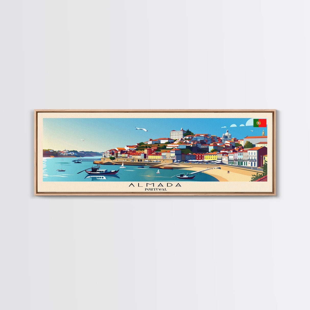 Almada Portugal Travel Art, City Art, Framed Canvas Print or Metal Wall Art, Europe Travel Poster, Panoramic Wall Art, Extra Wide Wall Art