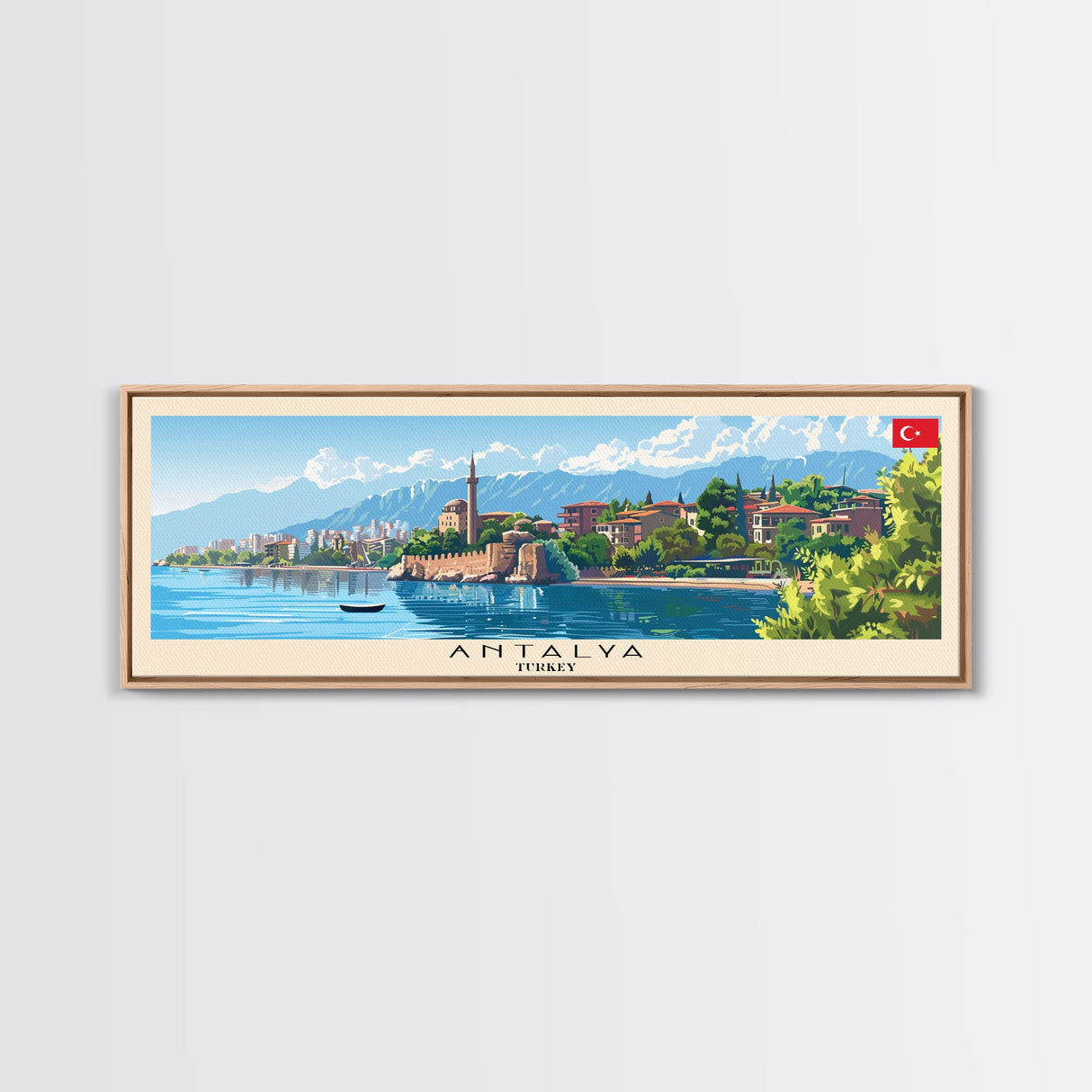 Antalya Turkey Panoramic Travel Poster, Framed Canvas Print or Metal Wall Art, Travel Art, Home Decor, Panoramic Painting, Midcentury Art