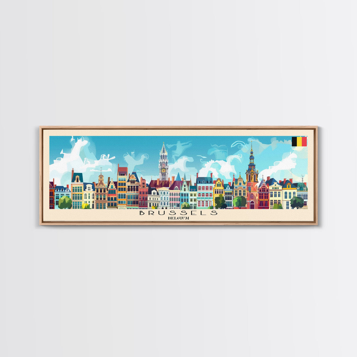 Brussels Belgium Panoramic Travel Poster, Framed Canvas Print or Metal Wall Art, Travel Art, Home Decor, Panoramic Painting, Midcentury Art