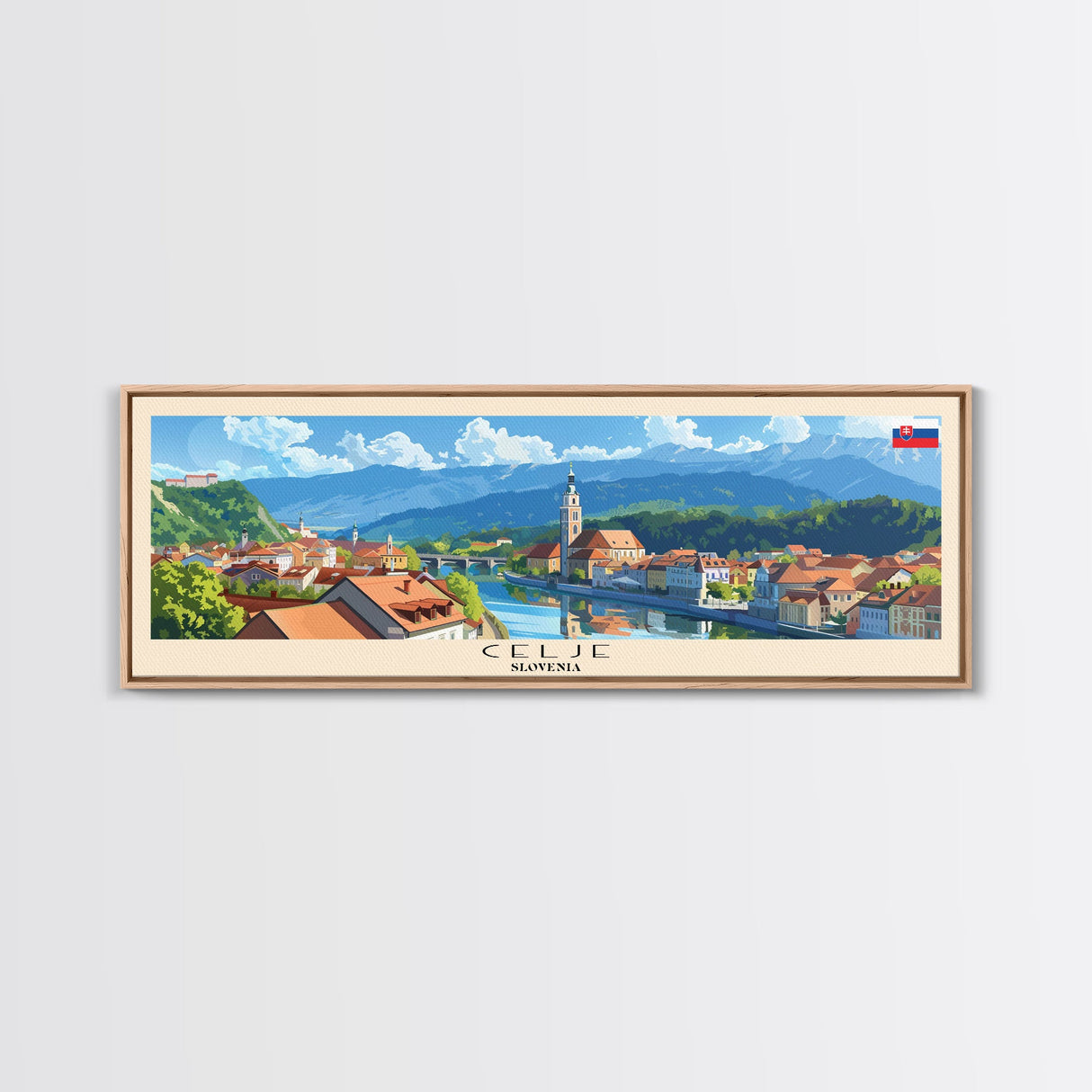 Celje Slovenia Panoramic Travel Poster, Framed Canvas Print or Metal Wall Art, Travel Art, Home Decor, Panoramic Painting, Midcentury Art