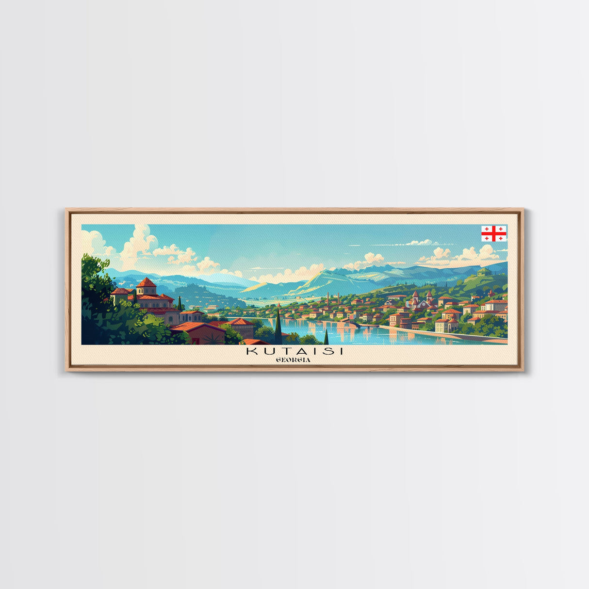 Kutaisi Georgia Panoramic Travel Poster, Framed Canvas Print or Metal Wall Art, Travel Art, Home Decor, Panoramic Painting, Midcentury Art