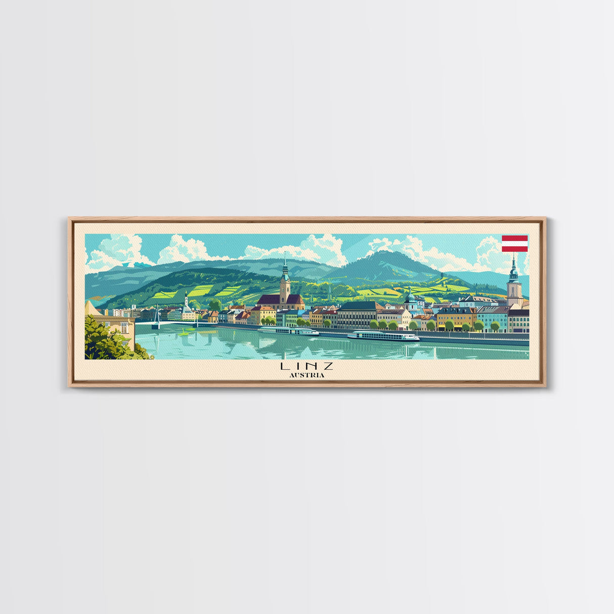 Linz Austria Panoramic Travel Poster, Framed Canvas Print or Metal Wall Art, Travel Art, Home Decor, Panoramic Painting, Midcentury Art
