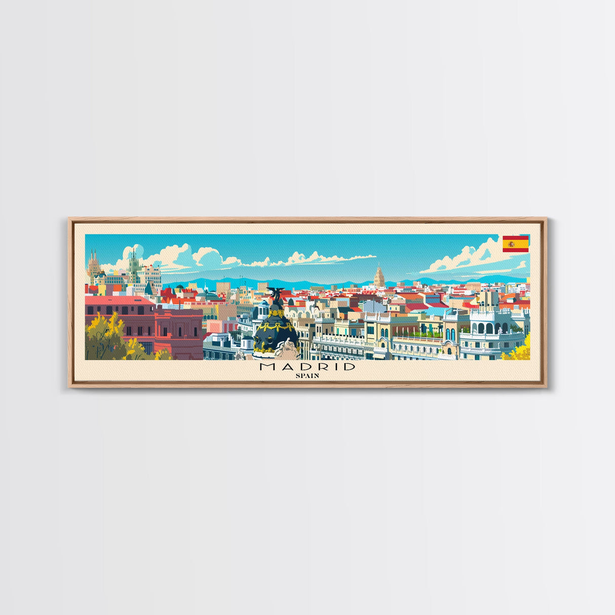 Madrid Spain Panoramic Travel Poster, Framed Canvas Print or Metal Wall Art, Travel Art, Home Decor, Panoramic Painting, Midcentury Art