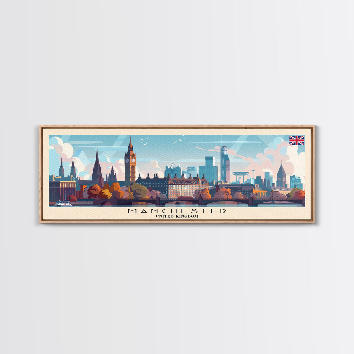 Manchester United Kingdom Panoramic Travel Poster, Framed Canvas Print or Metal Wall Art, Travel Art, Home Decor, Panoramic Painting, Midcentury Art