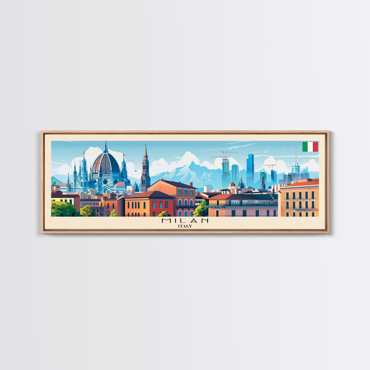 Milan Italy Panoramic Travel Poster, Framed Canvas Print or Metal Wall Art, Travel Art, Home Decor, Panoramic Painting, Midcentury Art