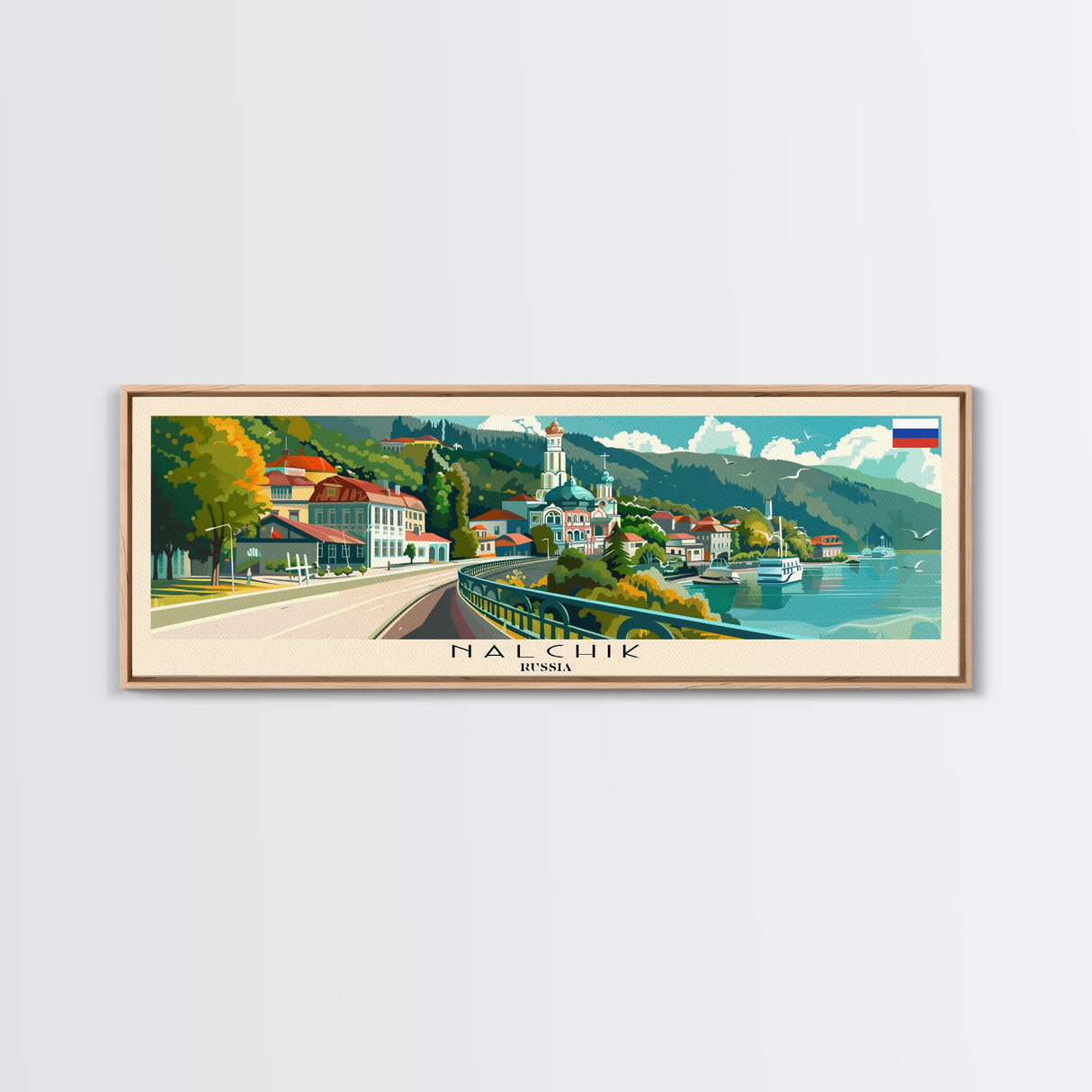 Nalchik Russia Panoramic Travel Poster, Framed Canvas Print or Metal Wall Art, Travel Art, Home Decor, Panoramic Painting, Midcentury Art