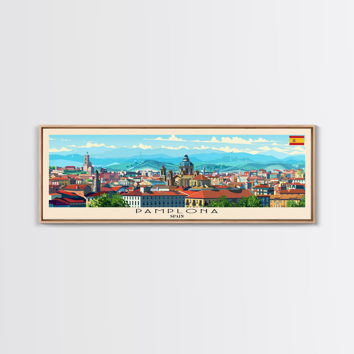 Pamplona Spain Panoramic Travel Poster, Framed Canvas Print or Metal Wall Art, Travel Art, Home Decor, Panoramic Painting, Midcentury Art