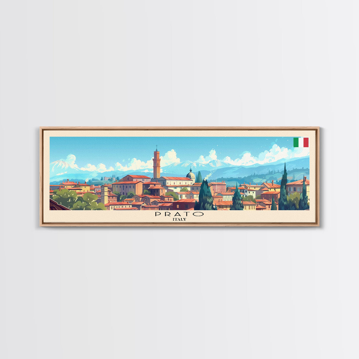 Prato Italy Panoramic Travel Poster, Framed Canvas Print or Metal Wall Art, Travel Art, Home Decor, Panoramic Painting, Midcentury Art