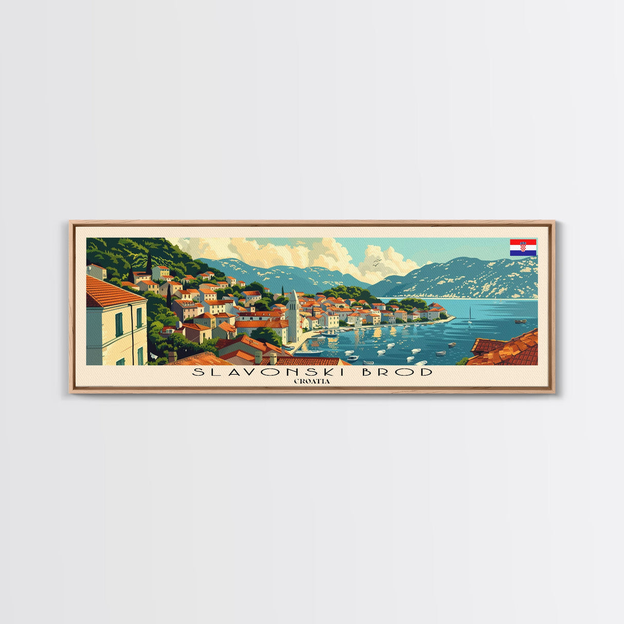Slavonski Brod Croatia Panoramic Travel Poster, Framed Canvas Print or Metal Wall Art, Travel Art, Home Decor, Panoramic Painting, Midcentury Art