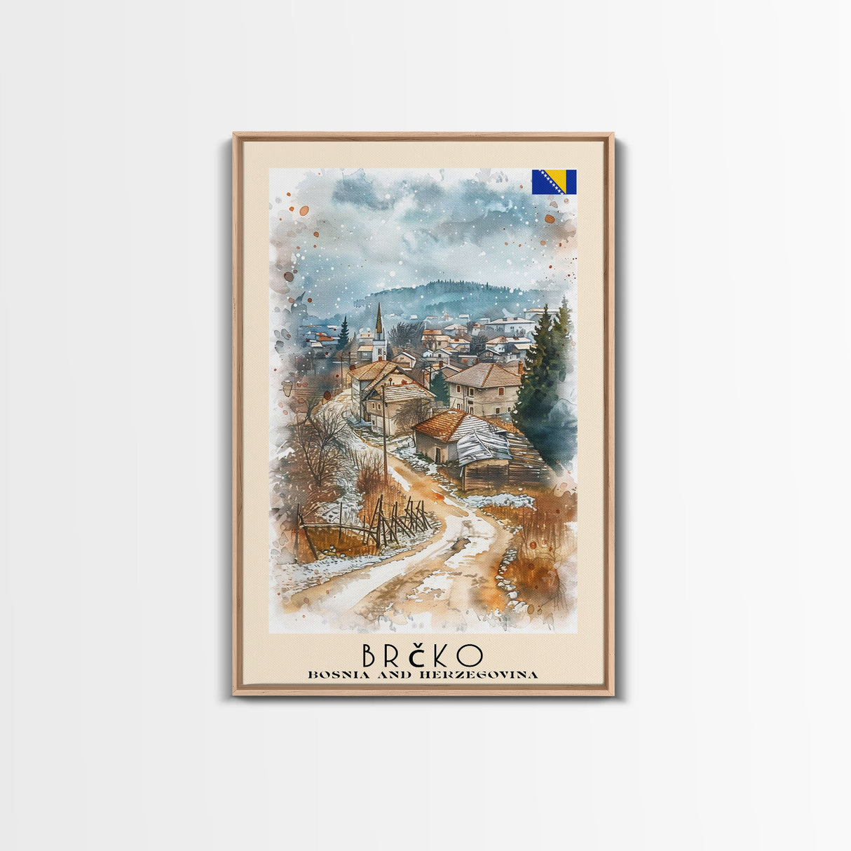 Brčko Bosnia Travel Poster Framed Canvas Print, Cityscape Art, Wall Decor, Travel Print, Watercolor Painting, Urban Scene Art