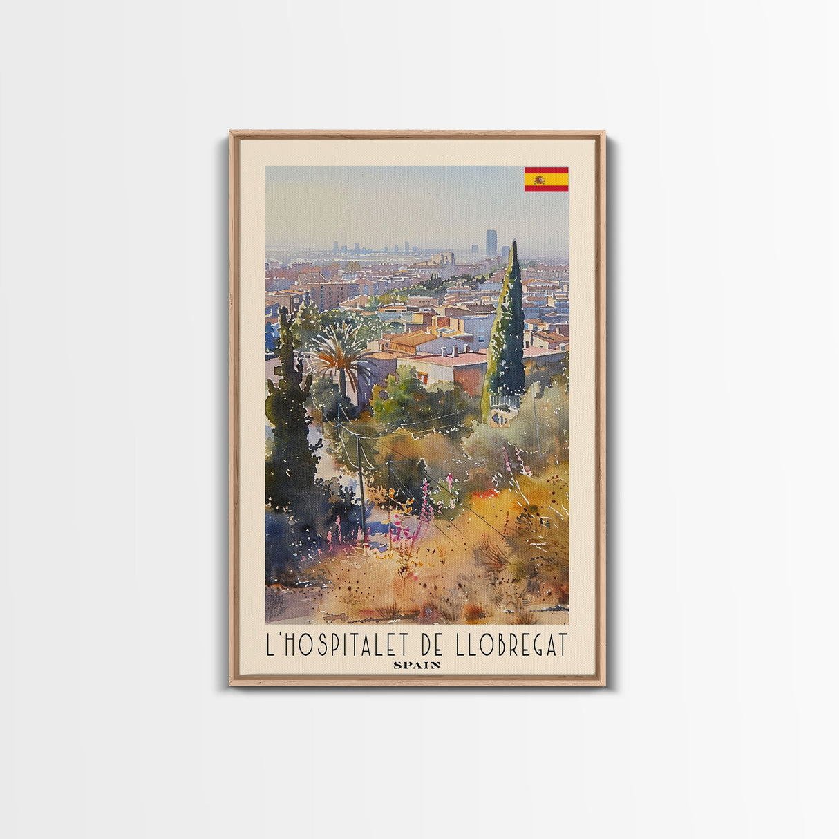 L'Hospitalet Spain Travel Poster Framed Canvas Print, Urban Landscape, Watercolor Painting, Wall Art, Home Decor, Travel Print, Artistic Gift