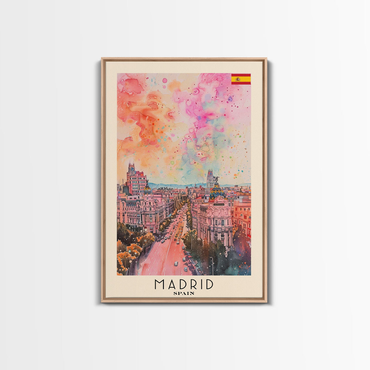 Madrid Spain Travel Poster Framed Canvas Print, Iconic Cityscape, Urban Art, Wall Decor, Home Decoration, Travel Print, Original Artwork