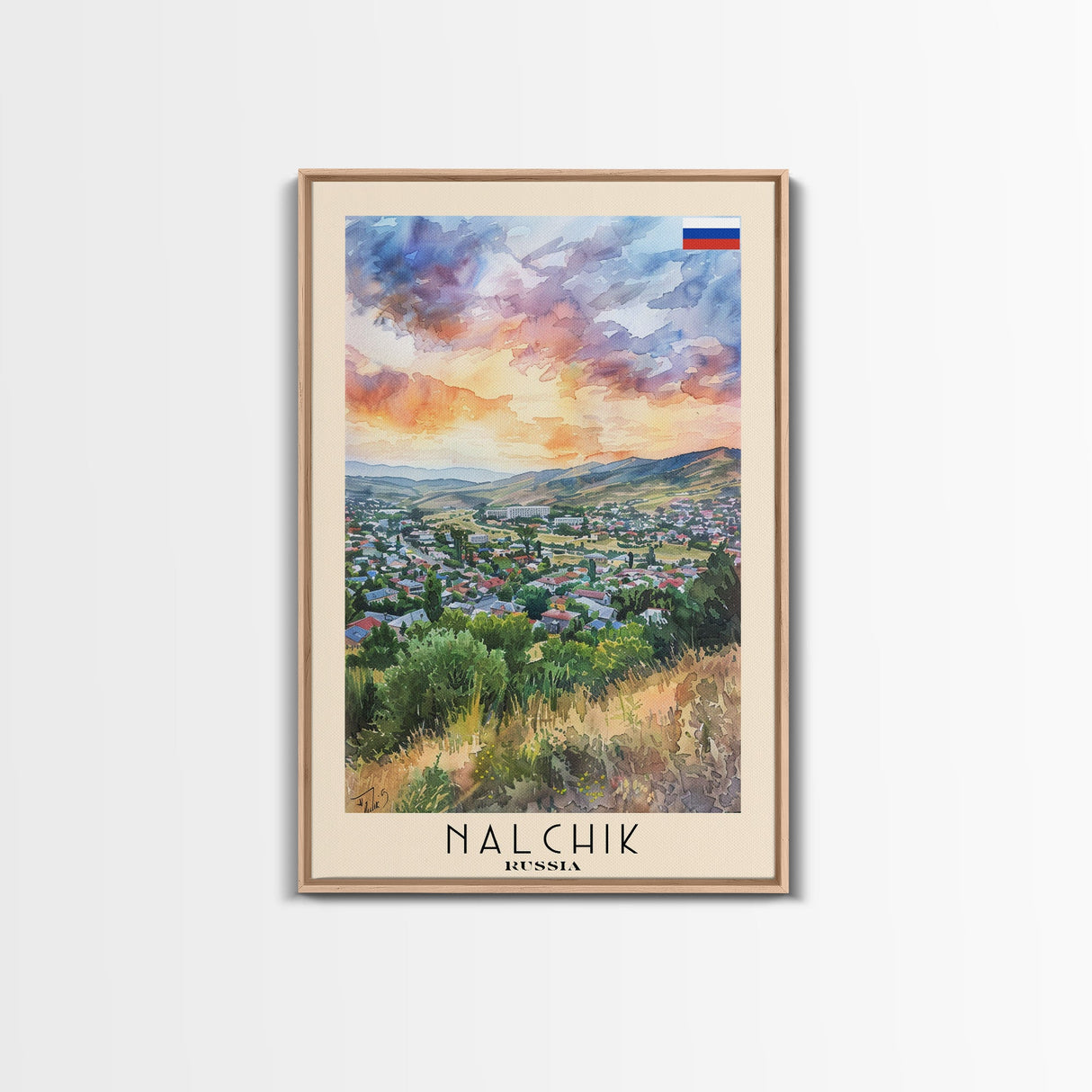 Nalchik Russia Travel Poster Framed Canvas Print, Sunset Watercolor Painting, Scenic Art, Vacation Wall Art, Living Room Decor, Unique Art