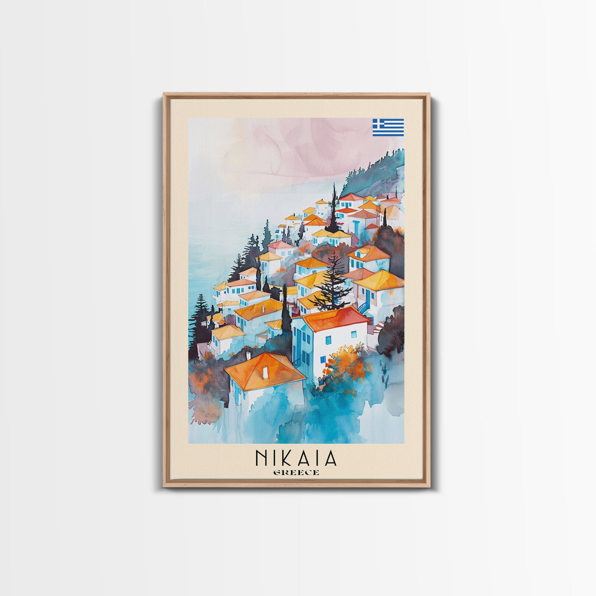 Nikaia Greece Framed Canvas Print, Boho Travel Poster, Watercolor Painting, Wall Art, Home Decor, Greek Scenery, Mediterranean Style