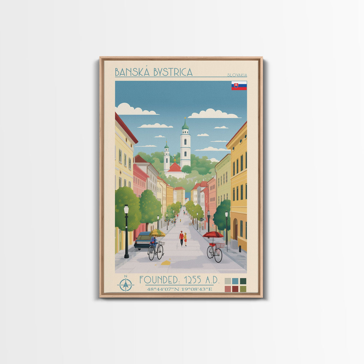 Banská Bystrica City in Slovakia Slovakia Travel Poster Framed Canvas Print, Midcentury Modern Art, Pop Art Wall Decor, Home Decor, Vacation Gift, Living Room Art