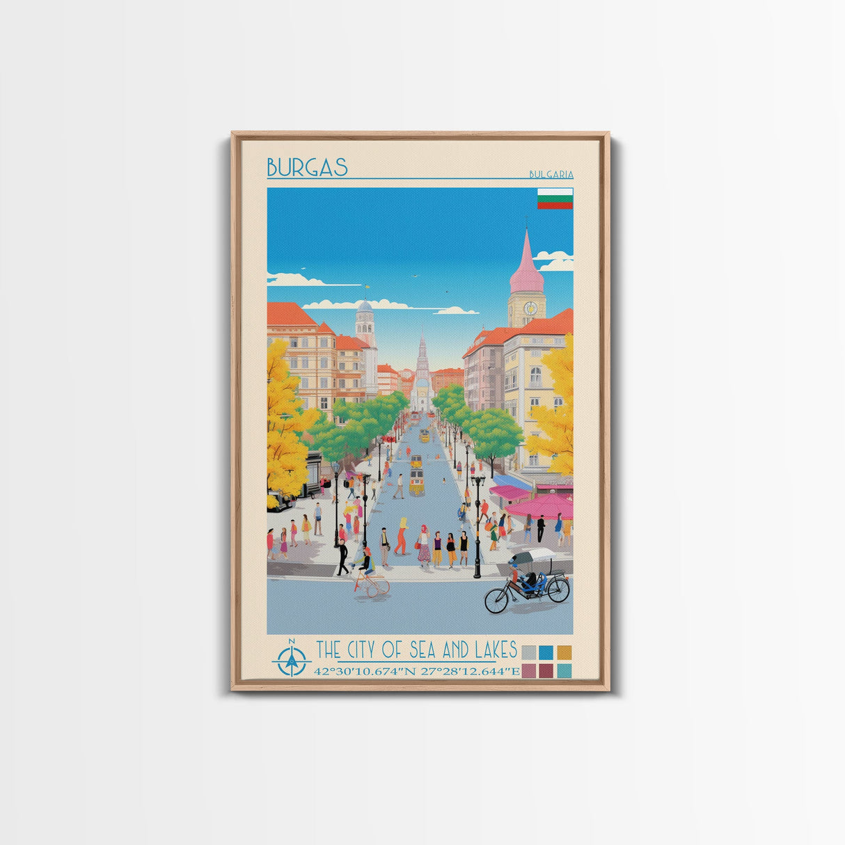 Burgas Bulgaria Travel Poster Framed Canvas Print, Midcentury Modern Art, Pop Art Wall Decor, Home Decor, Vacation Gift, Living Room Art