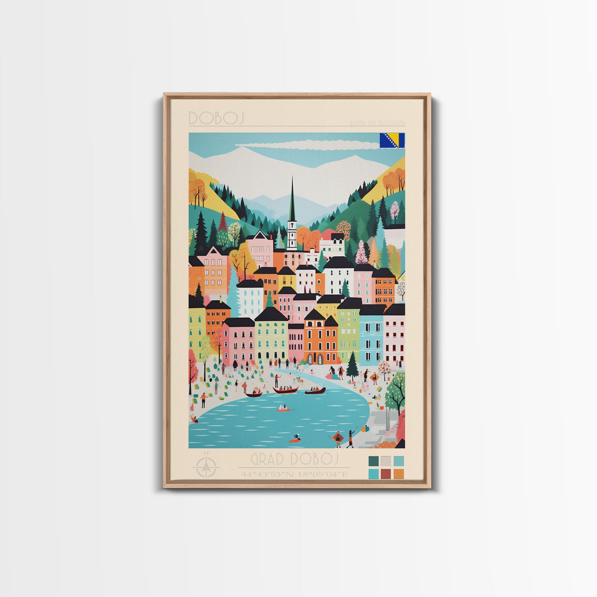 Doboj Bosnia and Herzegovina Travel Poster Framed Canvas Print, Midcentury Modern Art, Pop Art Wall Decor, Home Decor, Vacation Gift, Living Room Art