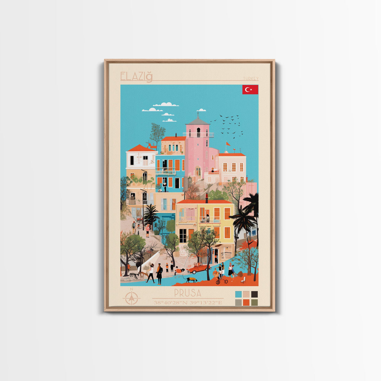 Elâzığ Turkey Travel Poster Framed Canvas Print, Midcentury Modern Art, Pop Art Wall Decor, Scenic Wall Art, Living Room Decoration, Office Art
