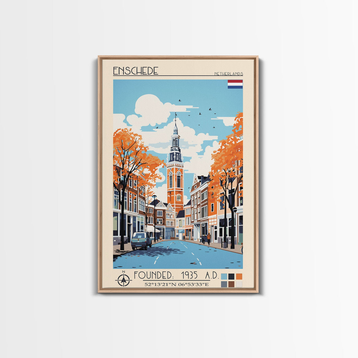 Enschede Netherlands Travel Poster Framed Canvas Print, Midcentury Modern Art, Pop Art Wall Decor, Scenic Wall Art, Bedroom Decoration
