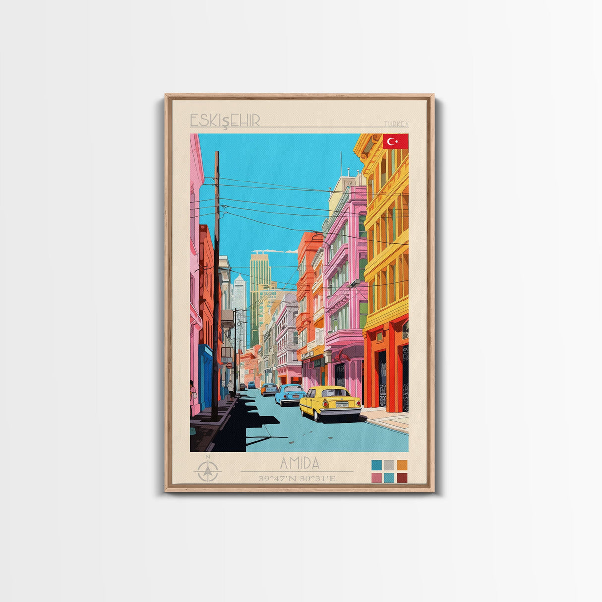 Eskişehir Turkey Travel Poster Framed Canvas Print, Midcentury Modern Art, Pop Art Wall Decor, Scenic Living Room Art, Bedroom Decor