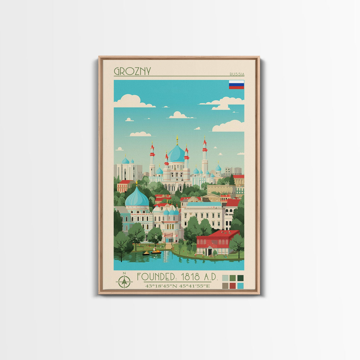 Grozny Russia Travel Poster Framed Canvas Print, Midcentury Modern Art, Pop Art Wall Decor, Scenic Wall Art, Living Room Decoration, Office Art