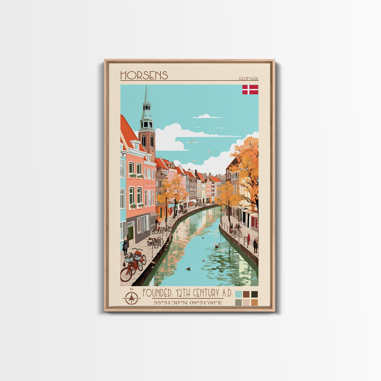 Horsens Denmark Travel Poster Framed Canvas Print, Midcentury Modern Art, Pop Art Wall Decor, Home Decor, Vacation Gift, Office Art