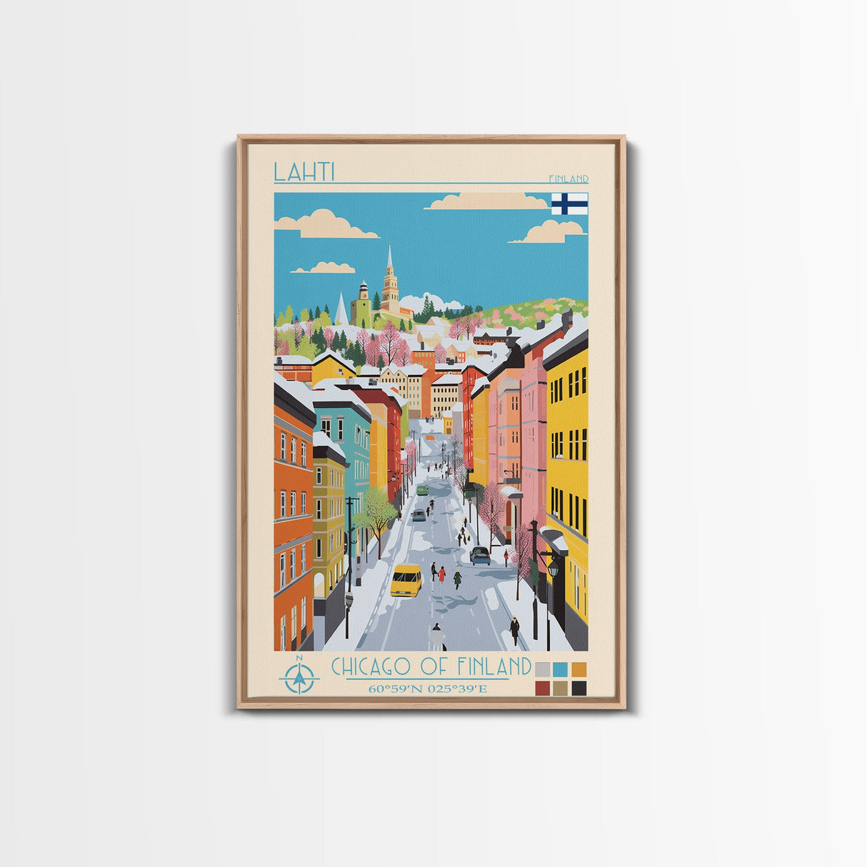 Lahti Finland Travel Poster Framed Canvas Print, Midcentury Modern Art, Pop Art Wall Decor, Scenic Wall Art, Living Room Decoration, Office Art