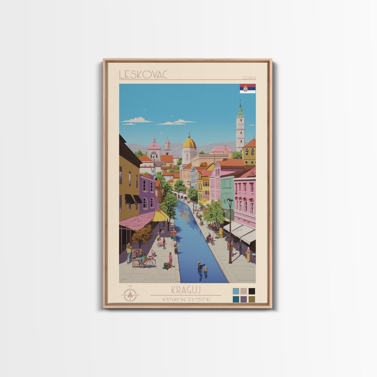 Leskovac Serbia Travel Poster Framed Canvas Print, Midcentury Modern Art, Pop Art Wall Decor, Scenic Wall Art, Living Room Decoration, Office Art