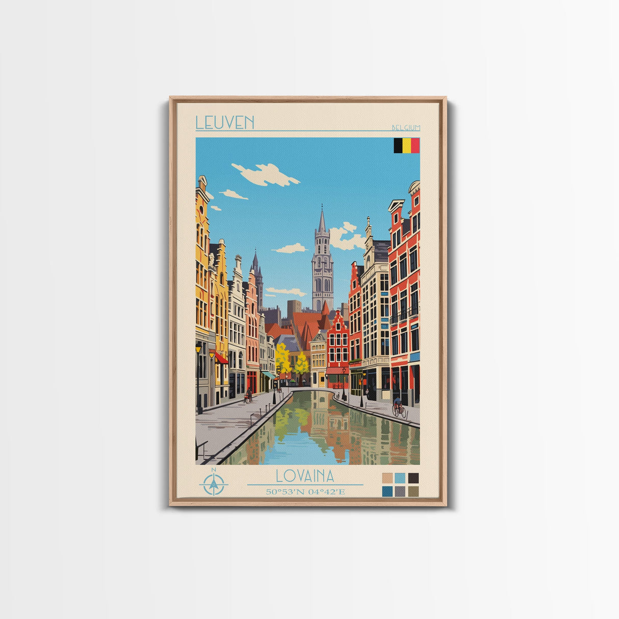 Leuven Belgium Travel Poster Framed Canvas Print, Midcentury Modern Art, Pop Art Wall Decor, Home Decor, Vacation Gift, Bedroom Art