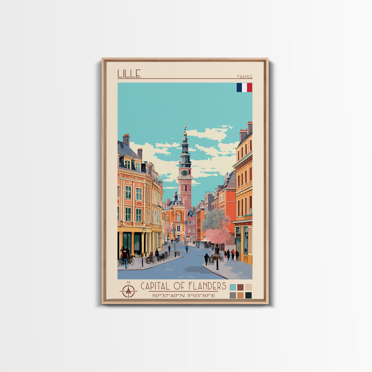 Lille France Travel Poster Framed Canvas Print, Midcentury Modern Art, Pop Art Wall Decor, Scenic Wall Art, Bedroom Decoration, Office Art