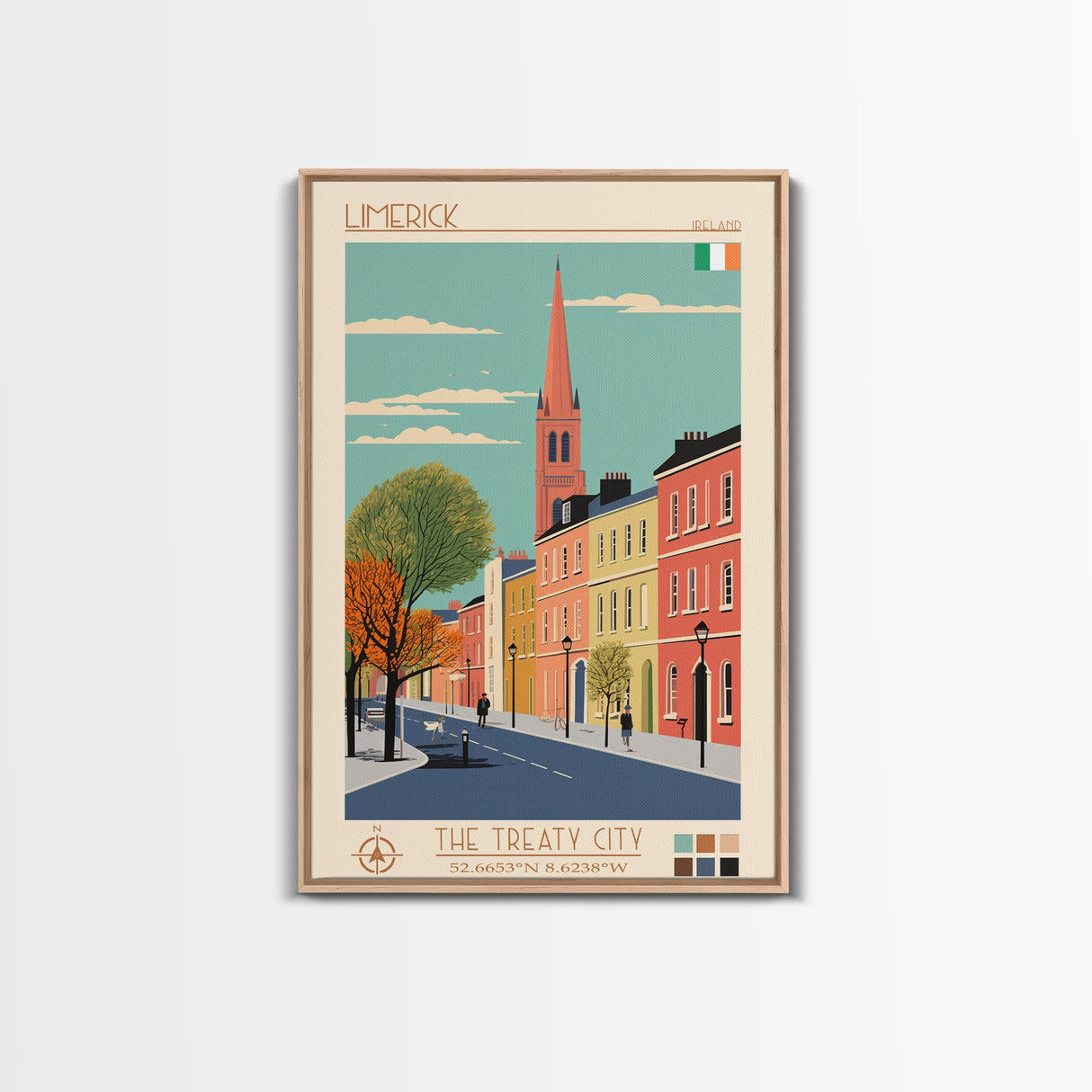 Limerick Ireland Travel Poster Framed Canvas Print, Wall Decor, Midcentury Modern Art, Pop Art, Scenic Art for Bedroom and Office