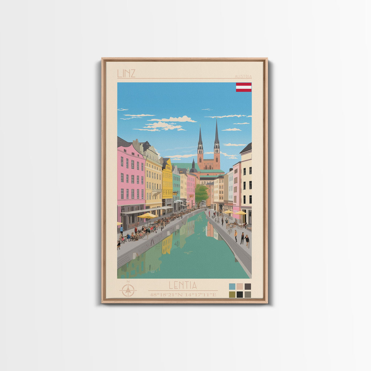 Linz Austria Travel Poster Framed Canvas Print, Wall Decor, Midcentury Modern Art, Pop Art, Scenic Art for Bedroom and Living Room