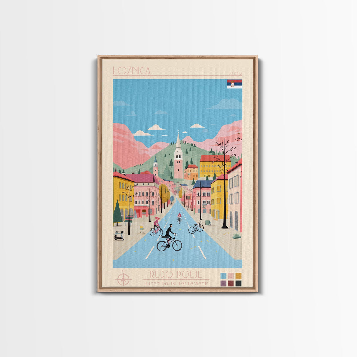Loznica Serbia Travel Poster Framed Canvas Print, Midcentury Modern Art, Pop Art Wall Decor, Scenic Art, Home and Office Decoration