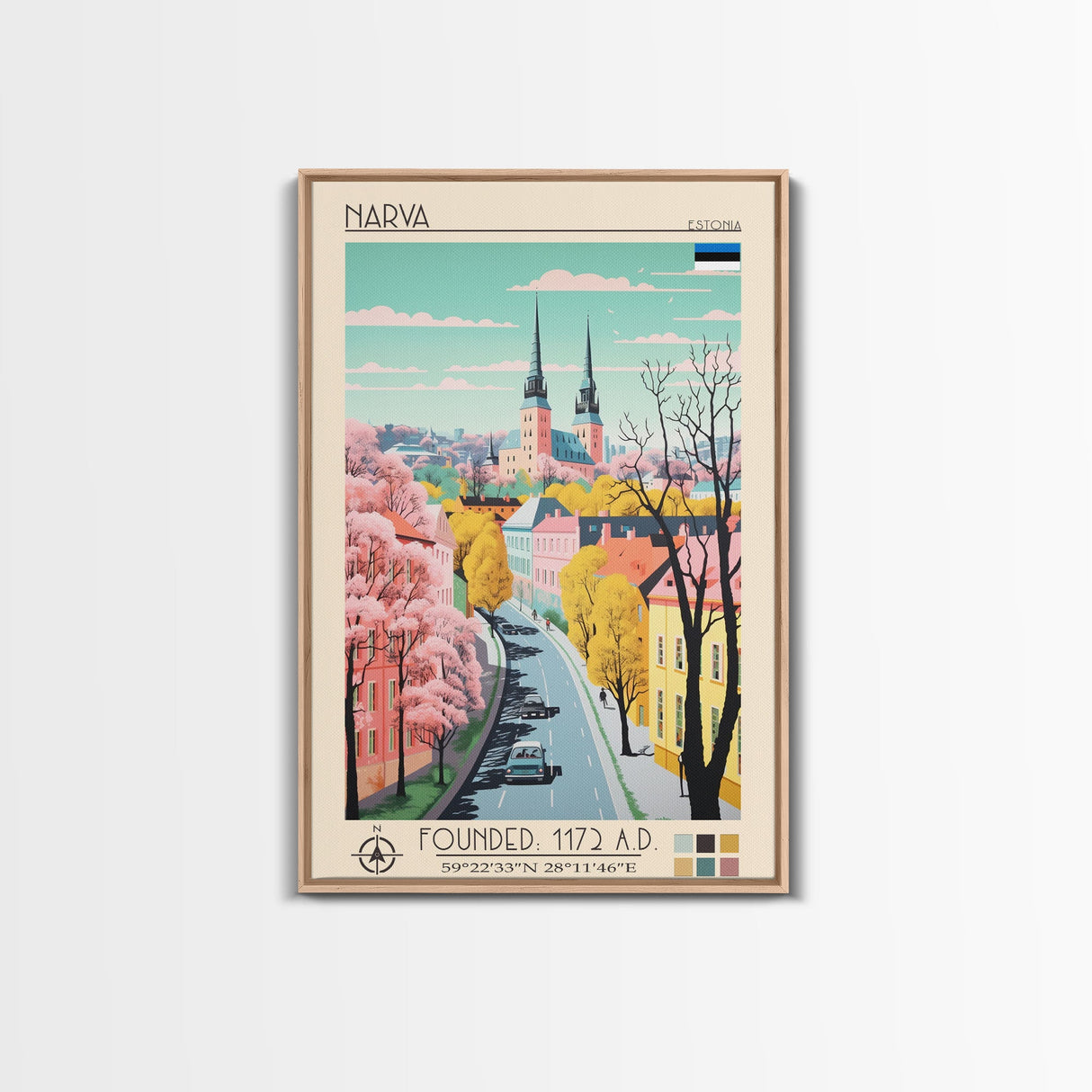 Narva Estonia Travel Poster Framed Canvas Print, Midcentury Modern Art, Pop Art Wall Decor, Scenic Bedroom Art, Office Decoration