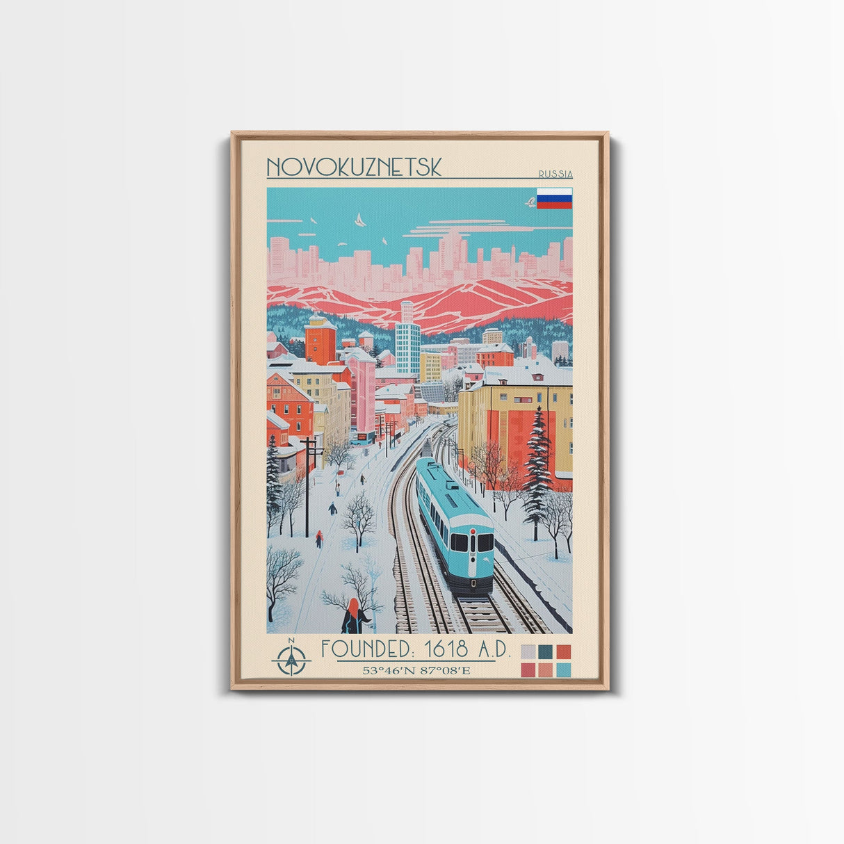 Novokuznetsk Russia Travel Poster Framed Canvas Print, Midcentury Modern Art, Pop Art Wall Decor, Scenic Wall Art, Living Room Decoration, Office Art