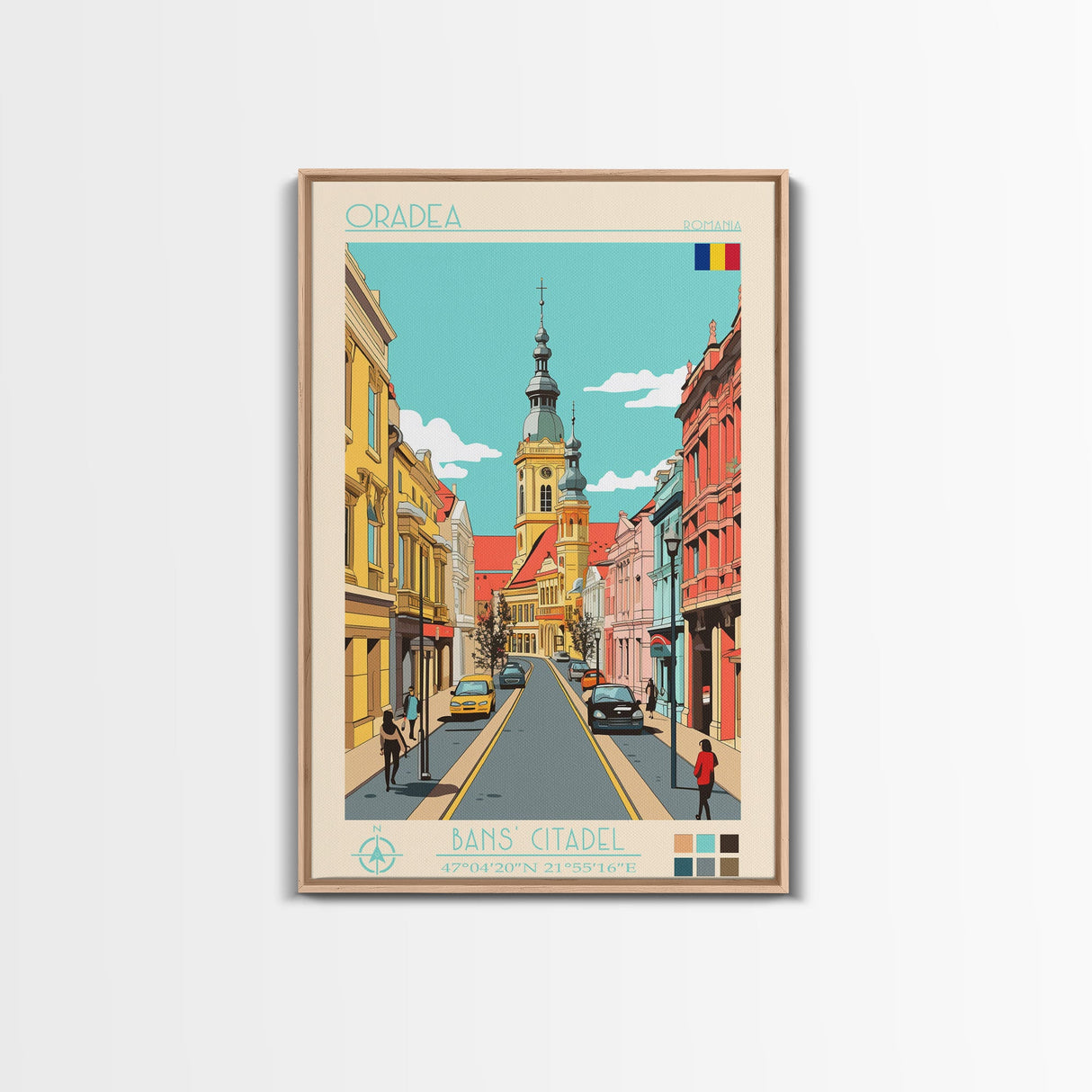Oradea Romania Travel Poster Framed Canvas Print, Midcentury Modern Art, Pop Art Wall Decor, Scenic Bedroom Art, Office Decoration