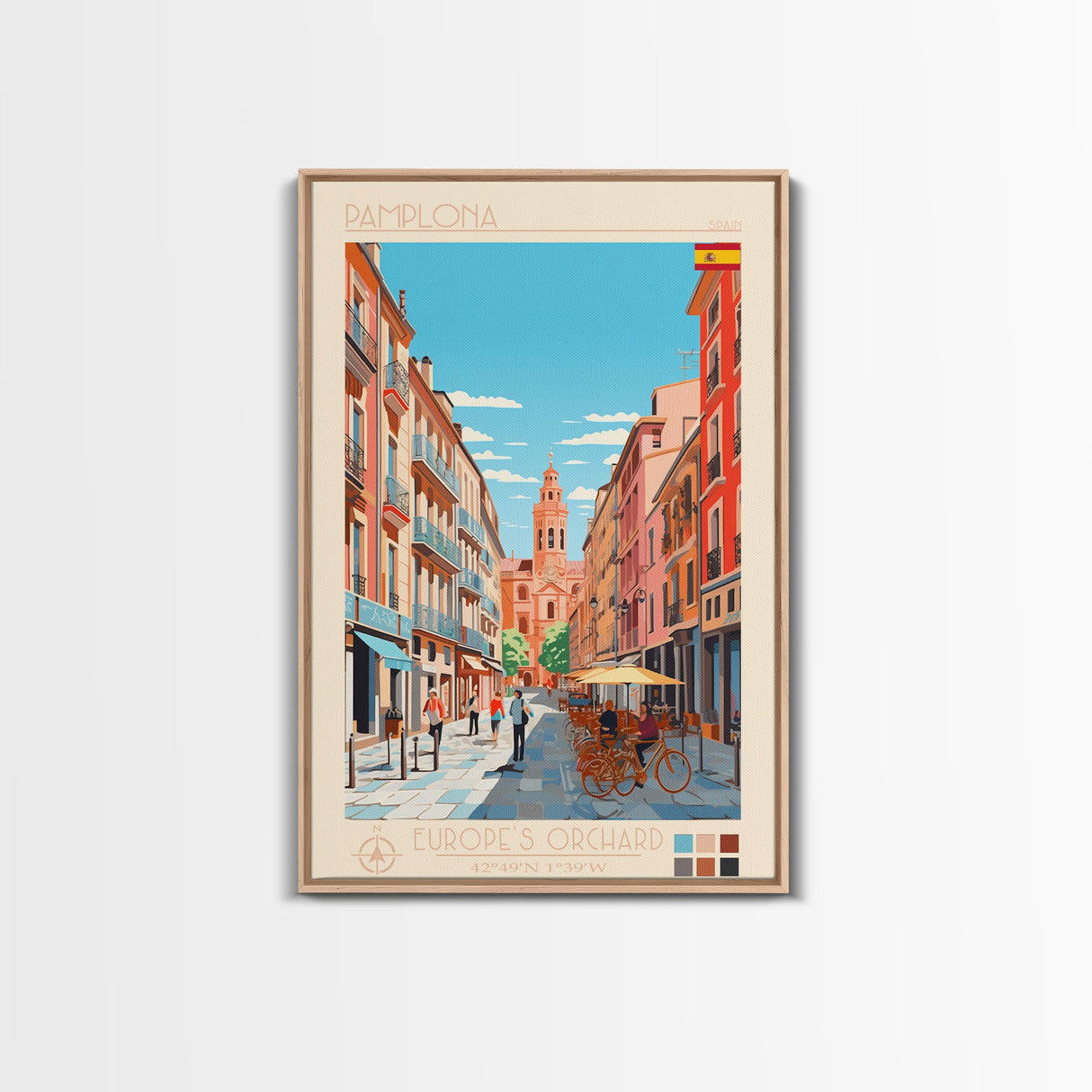 Pamplona Spain Travel Poster Framed Canvas Print, Midcentury Modern Art, Pop Art Wall Decor, Home Decor, Vacation Gift, Office Art