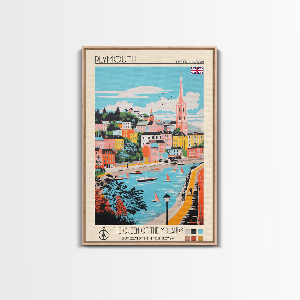 Plymouth United Kingdom Travel Poster Framed Canvas Print, Midcentury Modern Art, Pop Art Wall Decor, Scenic Bedroom Art, Office Decoration