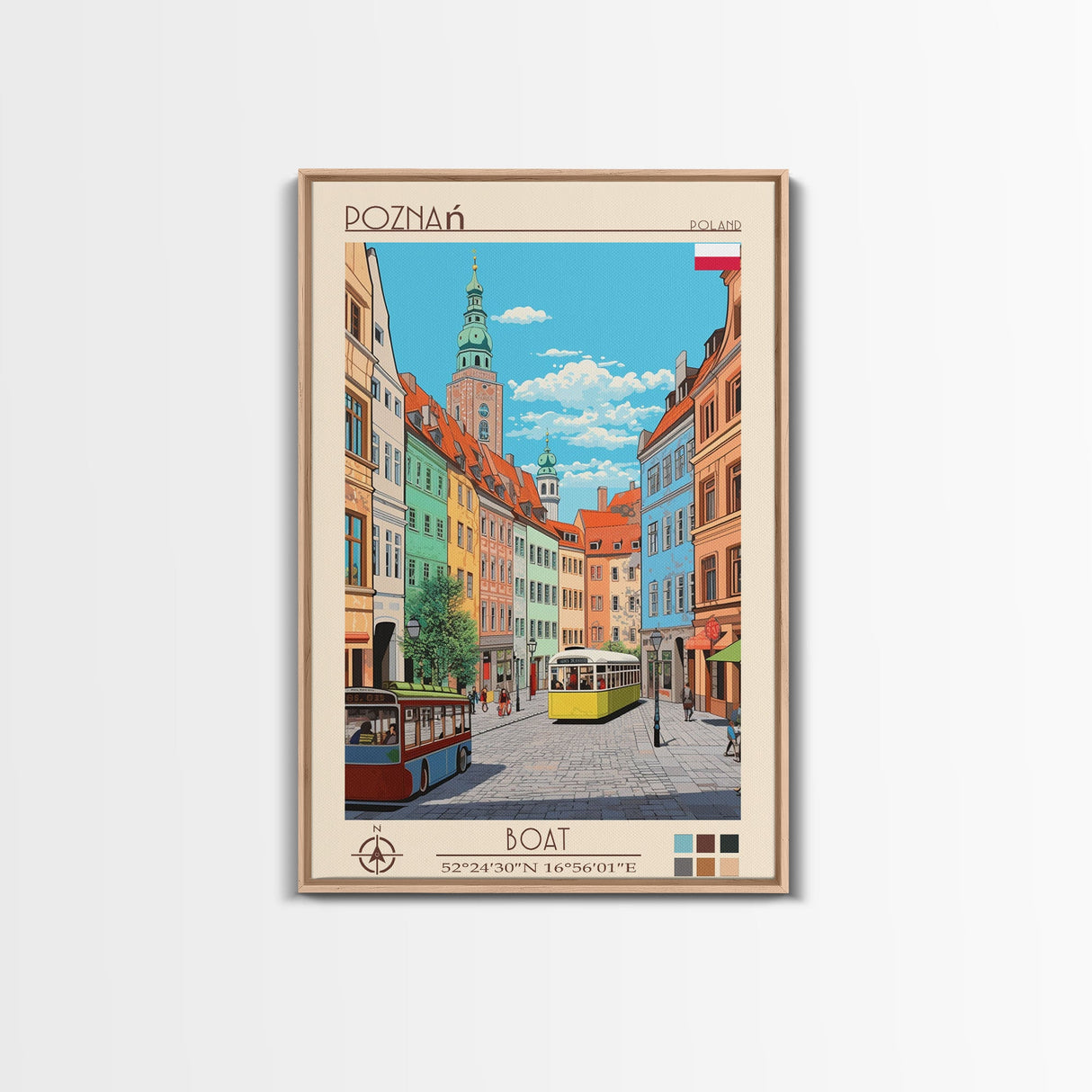 Poznań Poland Travel Poster Framed Canvas Print, Midcentury Modern Art, Pop Art Wall Decor, Scenic Bedroom Art, Office Decoration