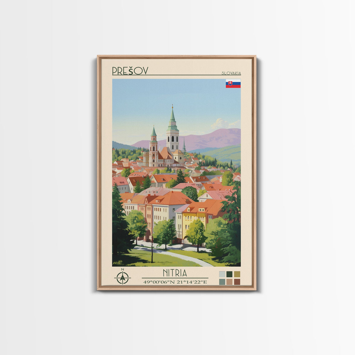 Prešov Slovakia Travel Poster Framed Canvas Print, Midcentury Modern Art, Pop Art Wall Decor, Scenic Living Room Art, Bedroom Gift