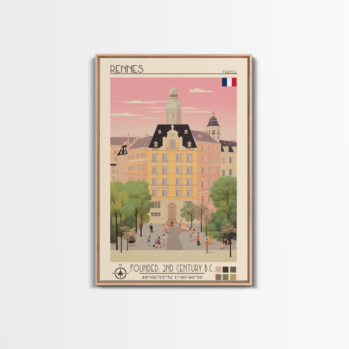 Rennes France Travel Poster Framed Canvas Print, Midcentury Modern Art, Pop Art Wall Decor, Scenic Wall Art, Living Room Decoration, Office Gift